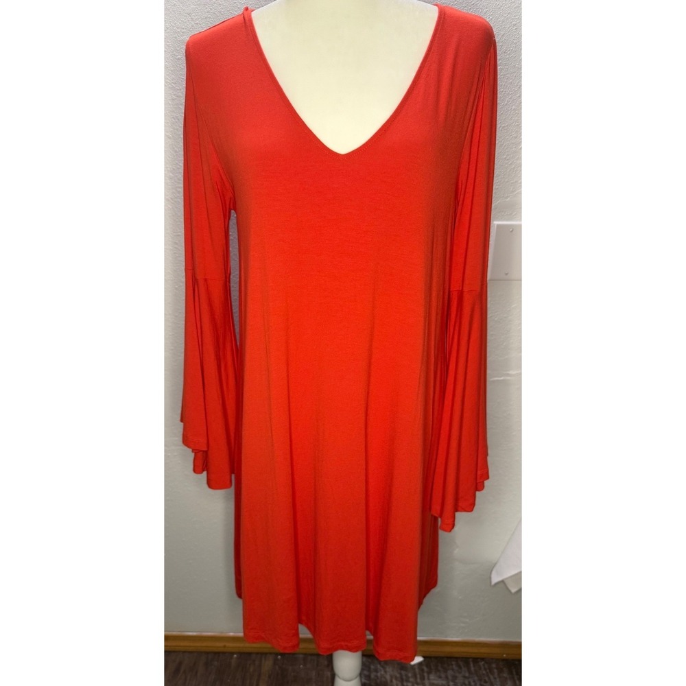 LOFT Womens Orange V-Neck Bell Sleeve Shift Dress Size Medium Jersey Knit